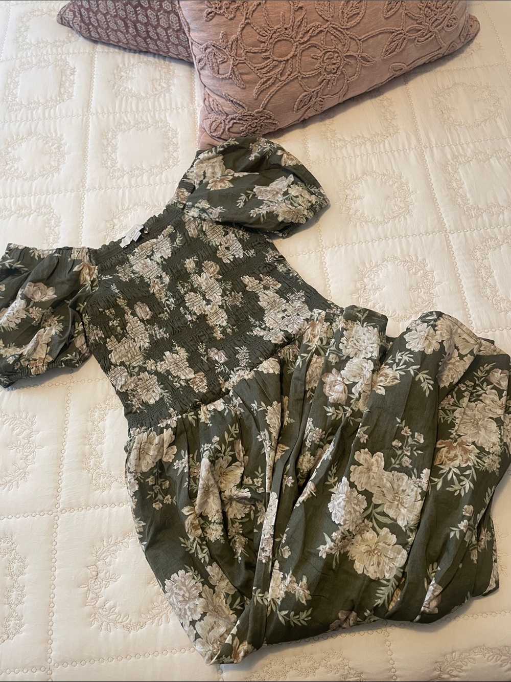 LOFT Olive Green Floral Midi Dress with Puff Sleeves - Picture 2 of 4